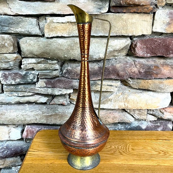 VTG Copper Ewer Brass Pedestal Hammered Etched Turkey Boho Pitcher India Decor - Picture 1 of 10